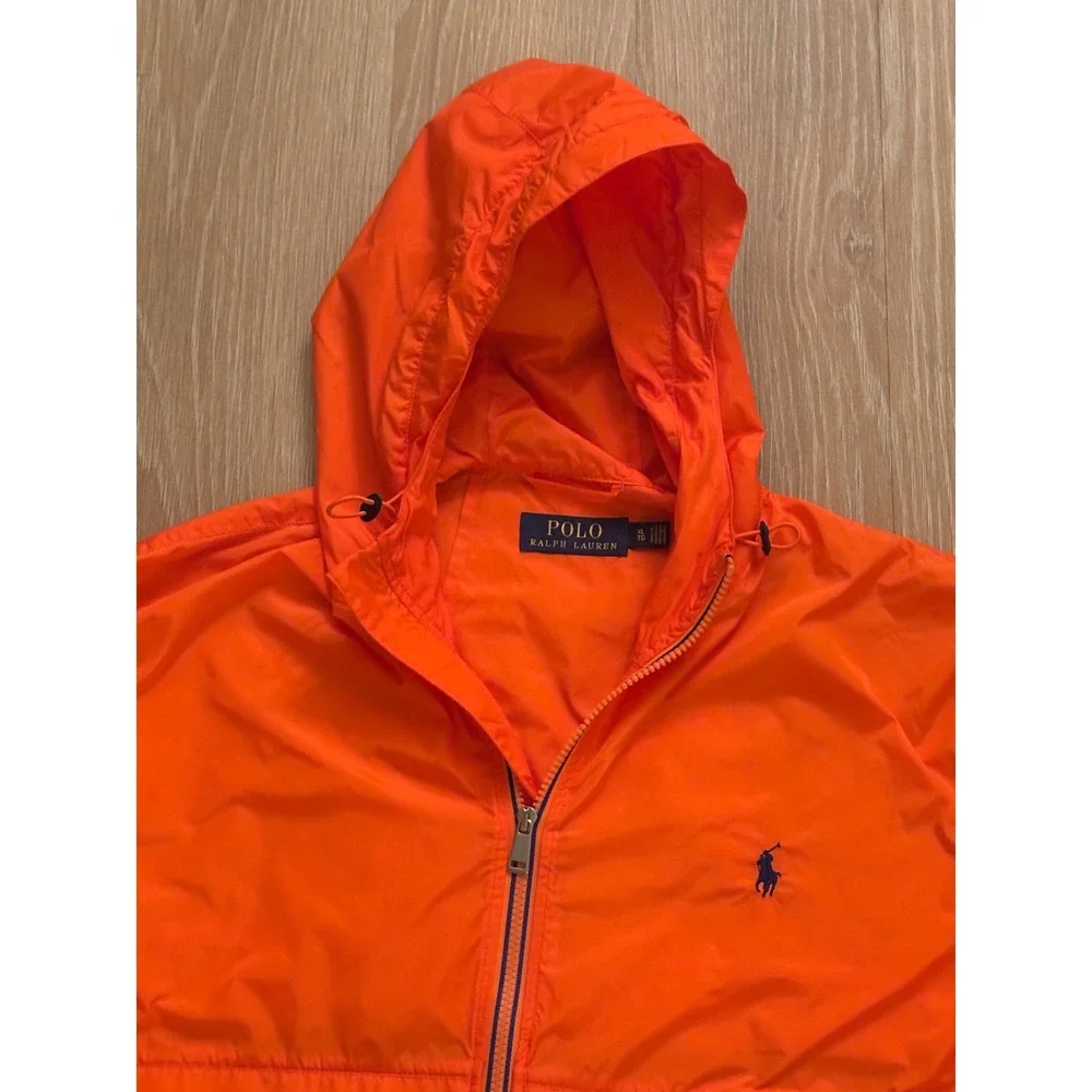 Polo Ralph Lauren Mens XL Orange Hooded Full Zip Windbreaker Jacket Navy Pony